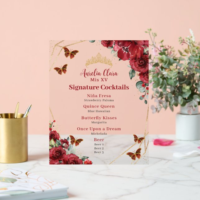 Red Floral Quinceanera Birthday Bar Drink Menu Acrylic Sign (Wedding)
