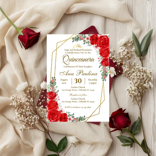 Red Floral Quinceañera Invitation (Creator Uploaded)
