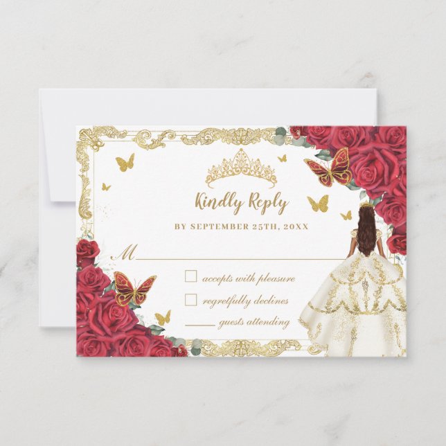 Red Floral Quinceañera Ivory White Dress Princess  RSVP Card (Front)