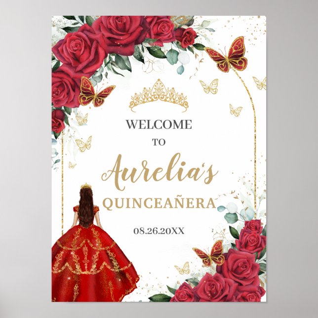 Red Floral Quinceañera Princess Gold Butterflies Poster (Front)