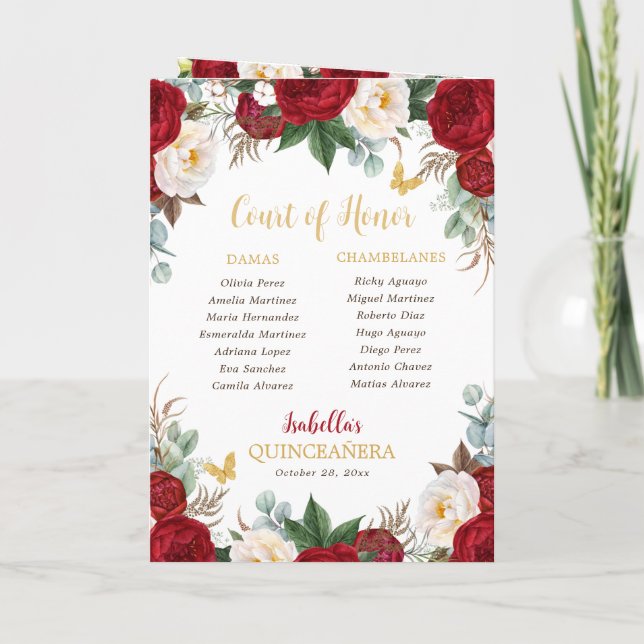 Red Floral Quinceanera Princess Padrinos Event Programme (Back)