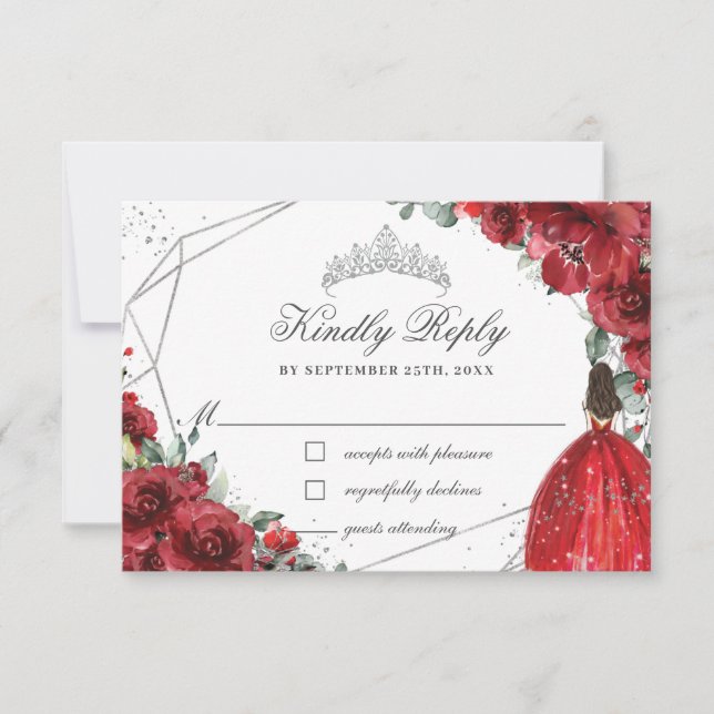 Red Floral Quinceañera Silver Tiara Princess Dress RSVP Card (Front)
