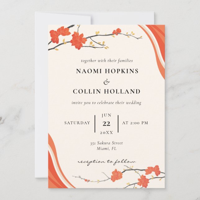 Red Floral Rectangle Wedding Invitation (Front)