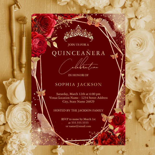 Red Floral Rose Gold Tiara Quinceanera Foil Invita (Creator Uploaded)
