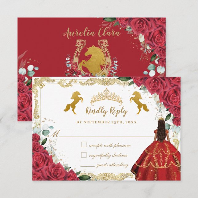 Red Floral Rose Quinceañera Charro Gold Horse Shoe RSVP Card (Front/Back)