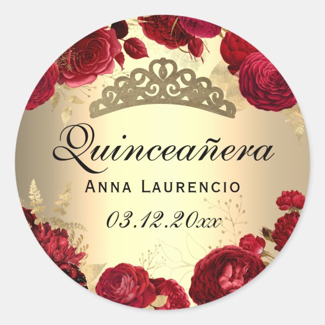 Red Floral Roses Gold Quinceanera Classic Round Sticker (Front)