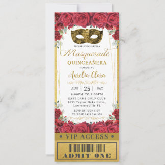 Red Floral Roses Quinceañera Masquerade VIP Ticket Invitation