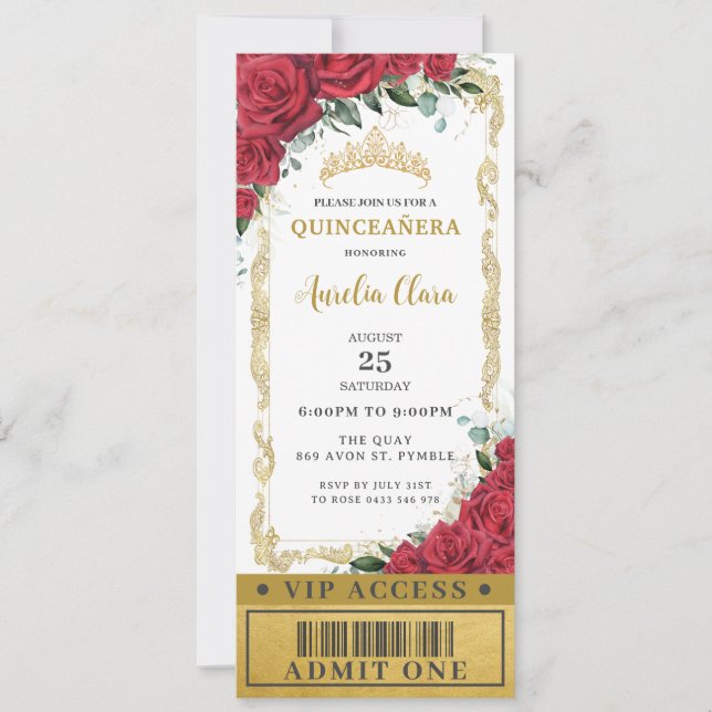 Red Floral Roses Quinceañera Sweet 16 VIP Ticket Invitation (Front)
