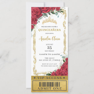 Red Floral Roses Quinceañera Sweet 16 VIP Ticket Invitation