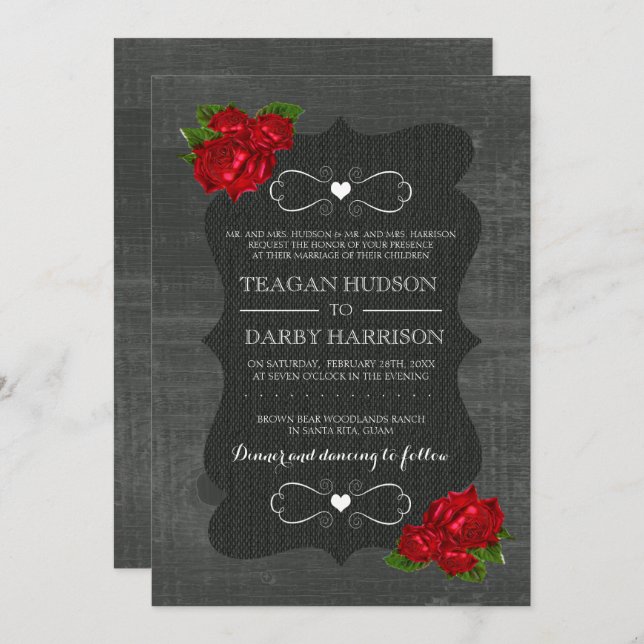 Red Floral Roses Wood Gothic Wedding Invites (Front/Back)