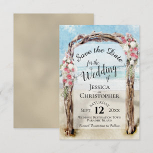 Red Floral Rustic Driftwood Beach Arbor Wedding Save The Date