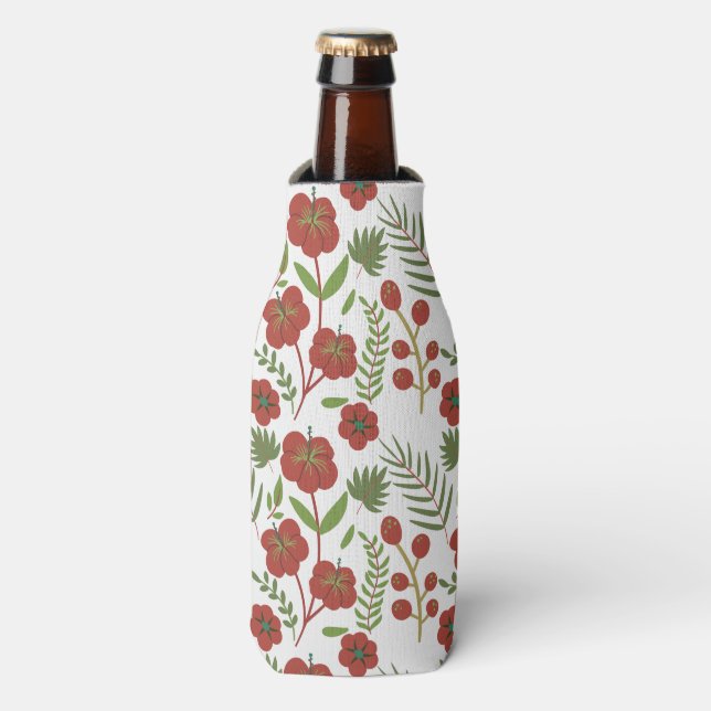 Red floral seamless pattern on white background bottle cooler (Bottle Front)