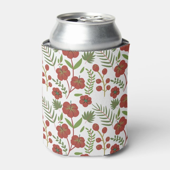 Red floral seamless pattern on white background can cooler (Can Front)