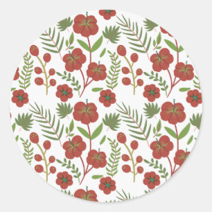 Red floral seamless pattern on white background classic round sticker