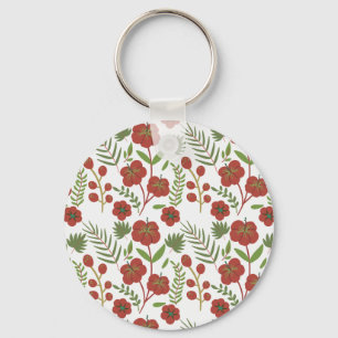 Red floral seamless pattern on white background key ring