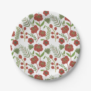 Red floral seamless pattern on white background paper plate