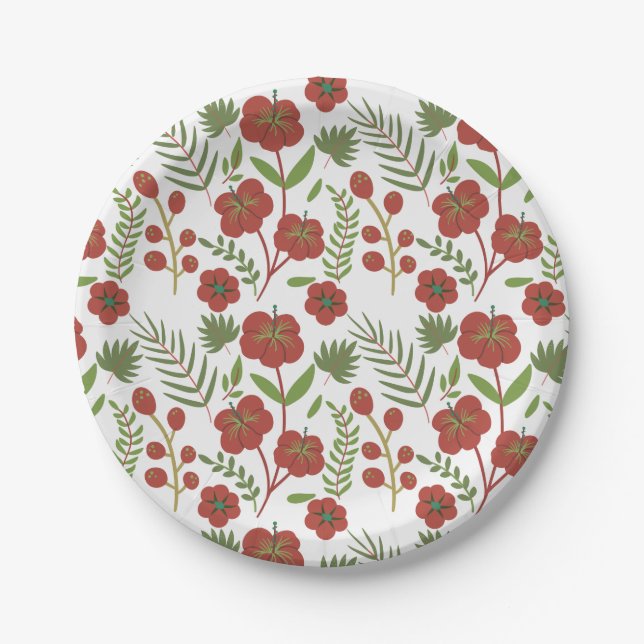 Red floral seamless pattern on white background paper plate (Front)