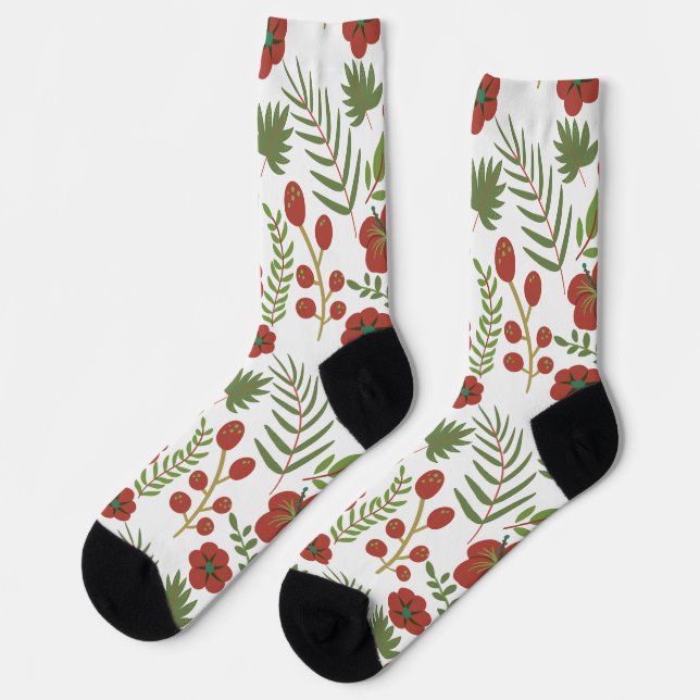 Red floral seamless pattern on white background wr socks (Left)
