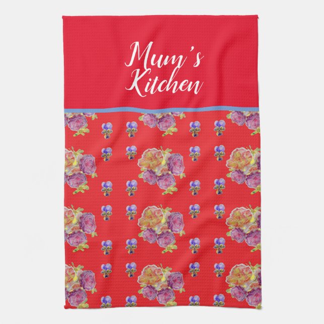 Red Floral Shabby Chic Roses Rose Mums Kitchen Apr Tea Towel (Vertical)