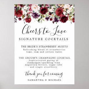 Red Floral Signature Cocktails Wedding Bar Sign