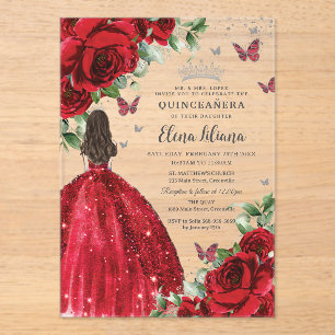 Red Floral Silver Butterflies Quinceañera Sweet 16 Acrylic Invitations