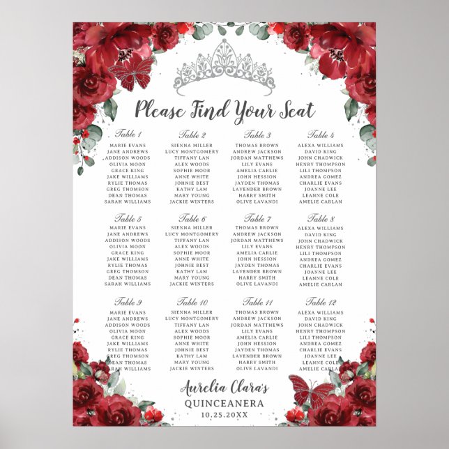 Red Floral Silver Quinceañera Floral Seating Chart (Front)