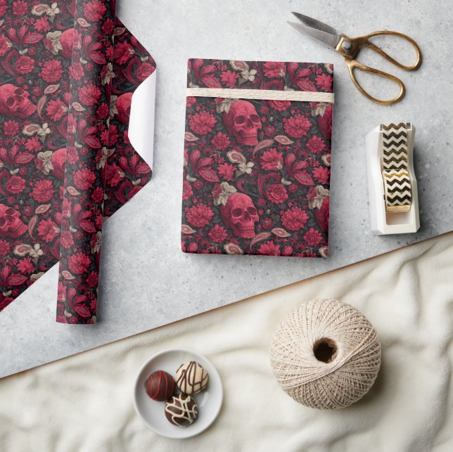 Red Floral Skull Pattern Wrapping Paper (Crafts)