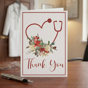 Red Floral Stethoscope Heart Holiday Thank You Card