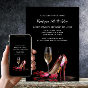 Red Floral Stiletto Shoes Birthday Party Invitation