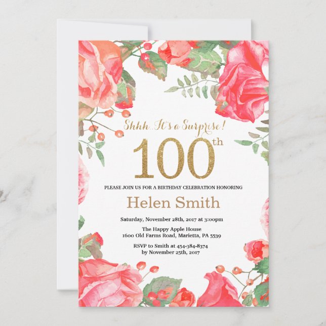 Red Floral Surprise 100th Birthday Gold Glitter Invitation (Front)