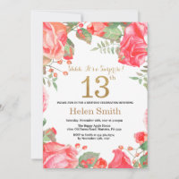 Red Floral Surprise 13th Birthday Gold Glitter