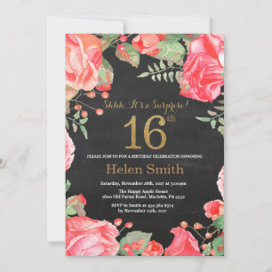 Red Floral Surprise 16th Birthday Gold Glitter Invitation