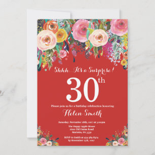 Red Floral Surprise 30th Birthday Invitation