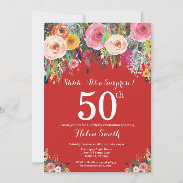 Red Floral Surprise 50th Birthday Invitation (Front)
