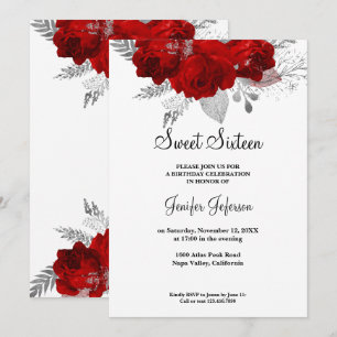 Red floral Sweet Sixteen Invitation