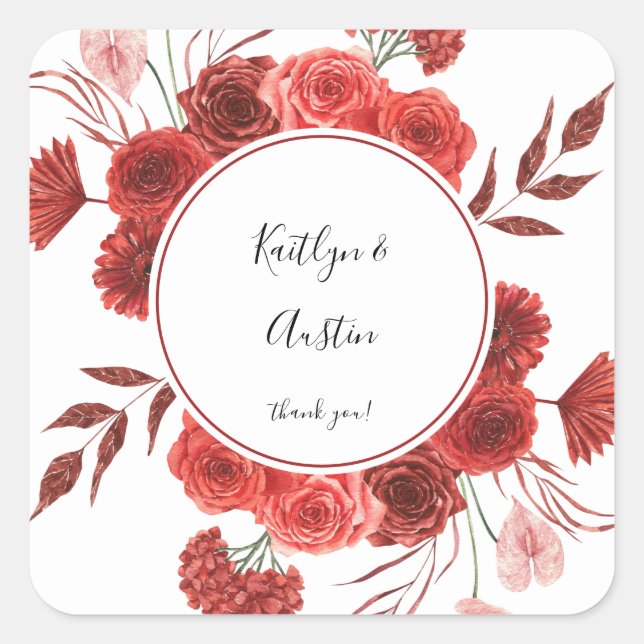 Red Floral Thank You Square Sticker (Front)