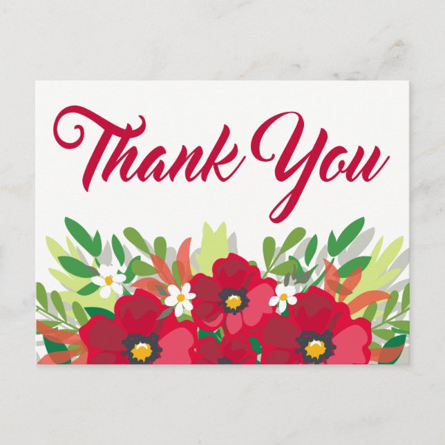 Red Floral Thank You Watercolor Burgundy Flowers Postcard (Front)