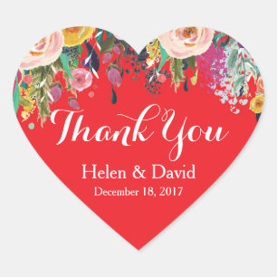 Red Floral Thank You Wedding Favour Stickers