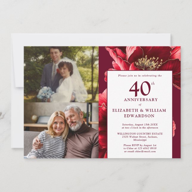 Red Floral Then And Now 40th Anniversary 2 Photo Invitation (Front)