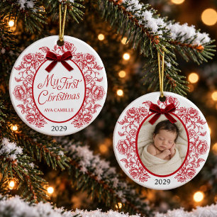 Red Floral Toile Baby First Christmas Ornament