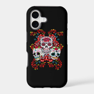 Red Floral Triple Sugar Skull Day Of The Dead