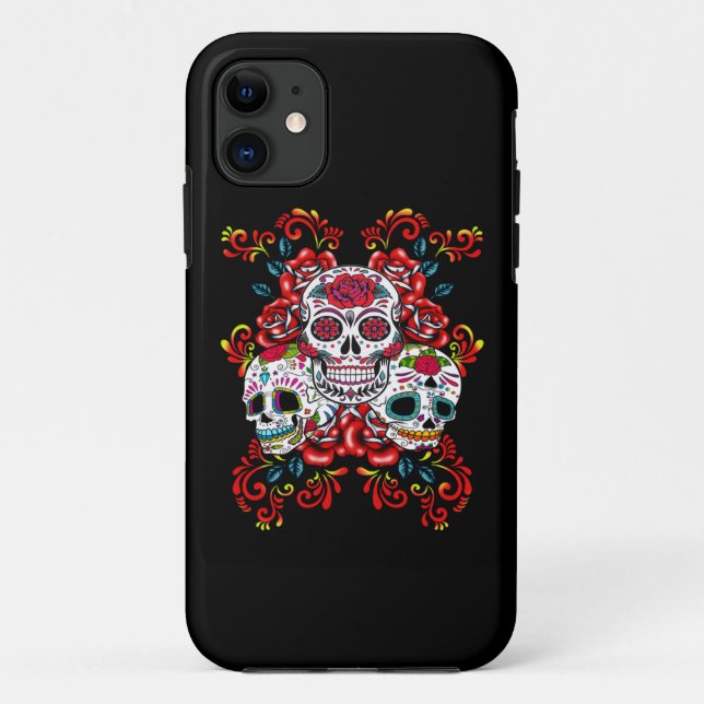Red Floral Triple Sugar Skull Day Of The Dead Case-Mate iPhone Case (Back)