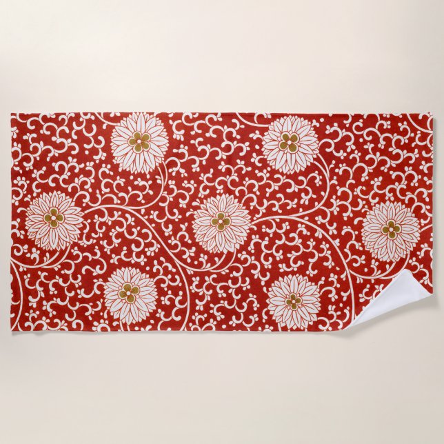 Red Floral Vibrant Ornate Classic Pattern Beach Towel (Front)