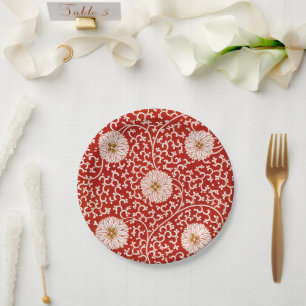 Red Floral Vibrant Ornate Classic Pattern Paper Plate