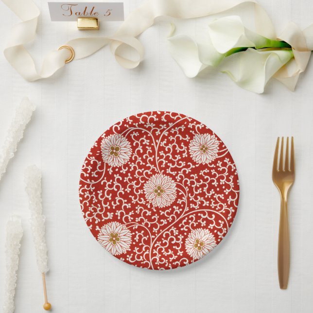 Red Floral Vibrant Ornate Classic Pattern Paper Plate (Wedding)