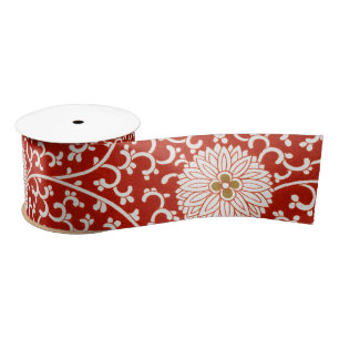 Red Floral Vibrant Ornate Classic Pattern Satin Ribbon