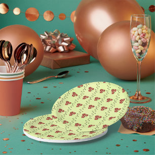 Red Floral Vine Pattern on Light Green Paper Plate