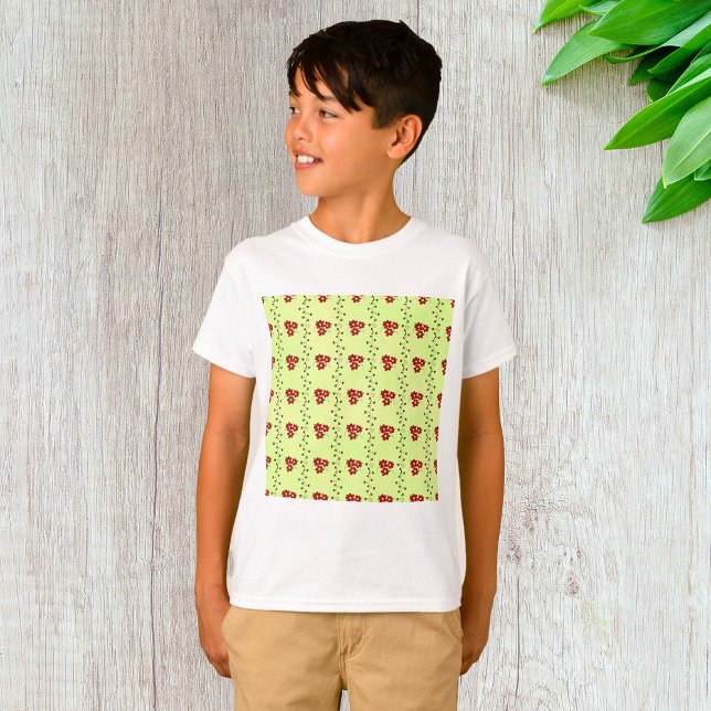 Red Floral Vine Pattern on Light Green T-Shirt (Creator Uploaded)