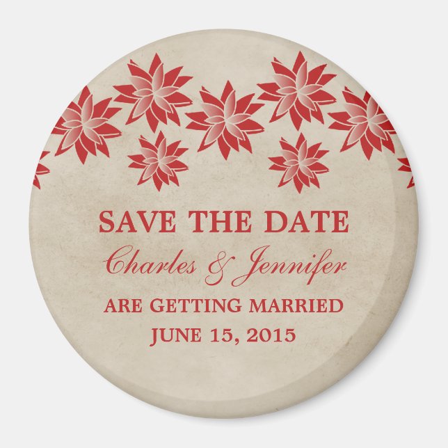 Red Floral Vintage Save the Date Magnet (Front)