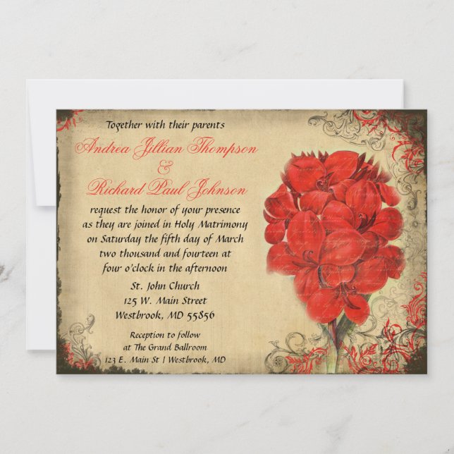 Red Floral Vintage Wedding Invitation (Front)